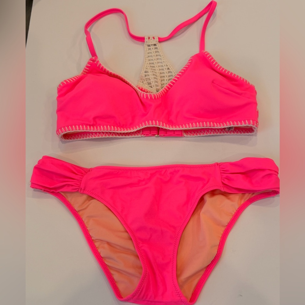 Victoria’s Secret NWOT Neon Pink Bikini Set Crochet Racerback Top Ruched Large‎